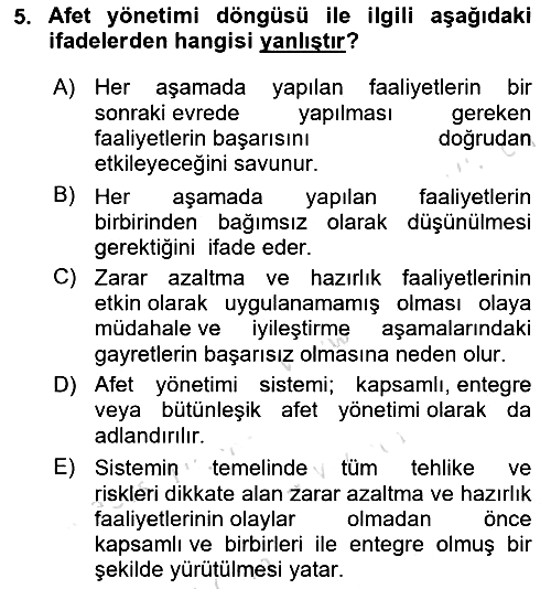 Afet Yönetimi 1 2024-2025 Ara Sınav - 5. soru