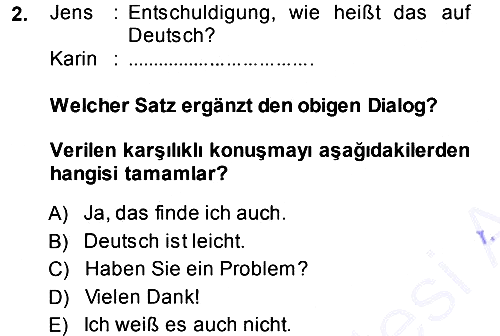Almanca 1 2013-2014 Dönem Sonu Sınavı - 2. soru