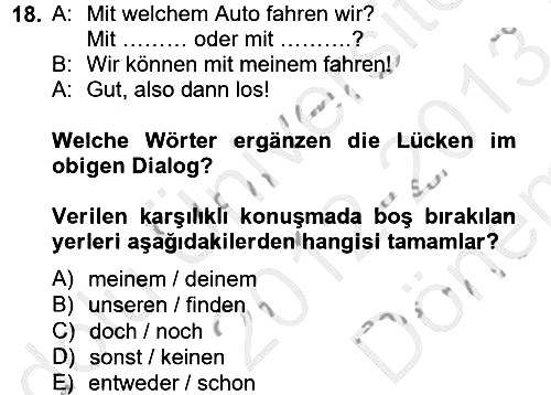 Almanca 2 2012-2013 Dönem Sonu Sınavı - 18. soru