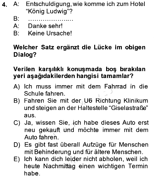 Almanca 2 2013-2014 Tek Ders Sınavı - 4. soru