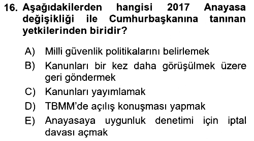Anayasa Hukuku 2018-2019 Yaz Okulu Sınavı - 16. soru