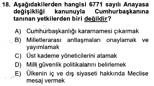 Anayasa Hukuku 2020-2021 Yaz Okulu Sınavı - 18. soru