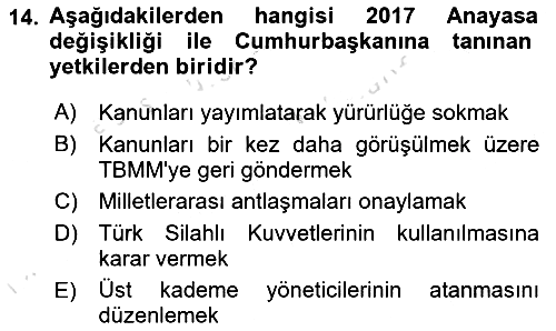 Anayasa Hukuku 2022-2023 Yaz Okulu Sınavı - 14. soru