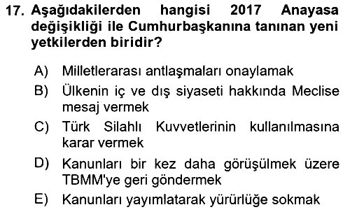 Anayasa Hukuku 2024-2025 Yaz Okulu Sınavı - 17. soru