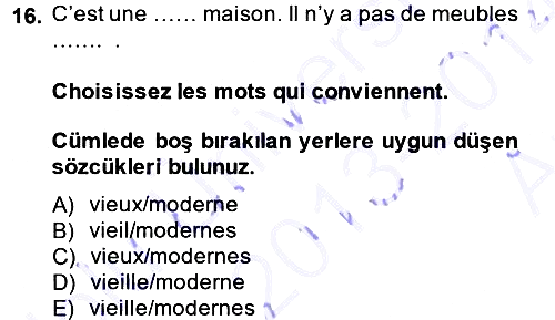 Fransızca 1 2013-2014 Ara Sınav - 16. soru