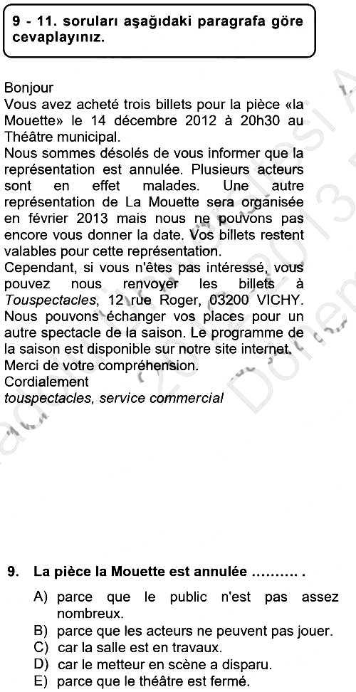 Fransızca 2 2012-2013 Dönem Sonu Sınavı - 9. soru
