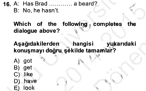 İngilizce 2 2014-2015 Dönem Sonu Sınavı - 16. soru
