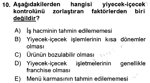 Yiyecek Ve İçecek İşletmeciliği 2022-2023 Dönem Sonu Sınavı - 10. soru