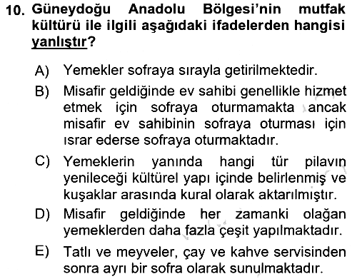 Yöresel Mutfaklar 2016-2017 Dönem Sonu Sınavı - 10. soru