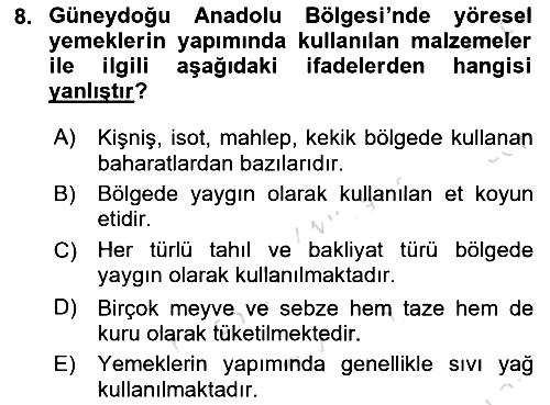 Yöresel Mutfaklar 2021-2022 Dönem Sonu Sınavı - 8. soru