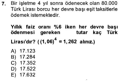Finans Matematiği 2013-2014 Tek Ders Sınavı - 7. soru
