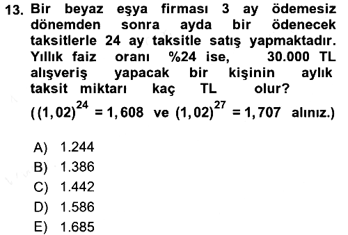 Finans Matematiği 2015-2016 Tek Ders Sınavı - 13. soru