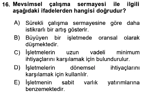 Finansal Yönetim 2018-2019 Dönem Sonu Sınavı - 16. soru