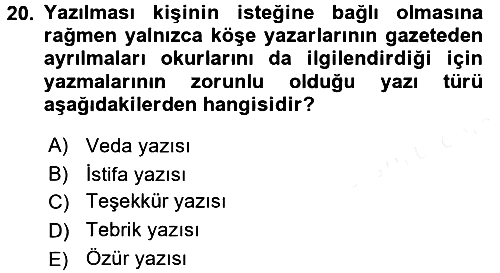 Mesleki Yazışmalar 2016-2017 Dönem Sonu Sınavı - 20. soru