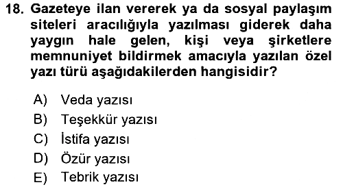 Mesleki Yazışmalar 2017-2018 Dönem Sonu Sınavı - 18. soru