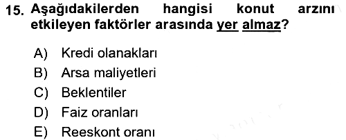 Gayrimenkul Ekonomisi 2017-2018 3 Ders Sınavı - 15. soru