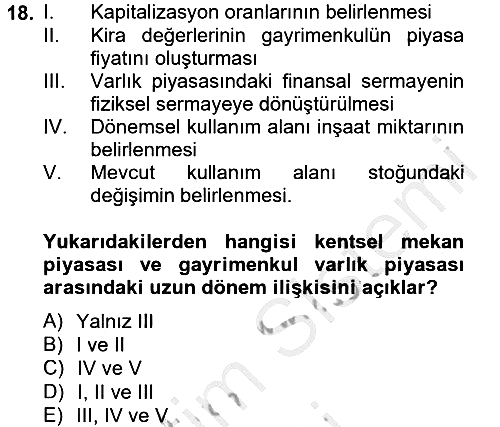 Gayrimenkul Ekonomisi 2012-2013 Ara Sınav - 18. soru