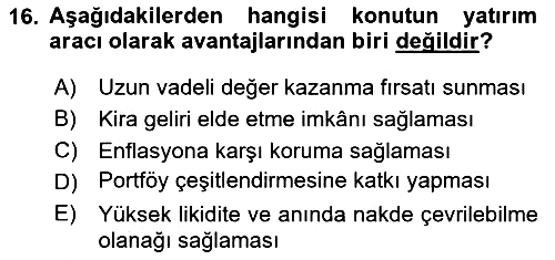 Gayrimenkul Ekonomisi 2024-2025 Yaz Okulu Sınavı - 16. soru