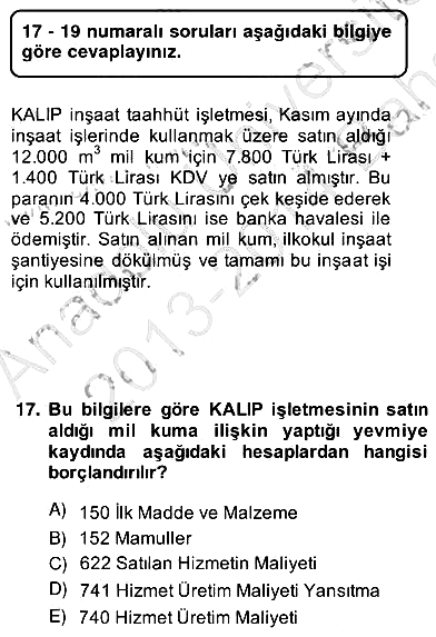 İnşaat ve Gayrimenkul Muhasebesi 2013-2014 Ara Sınav - 17. soru