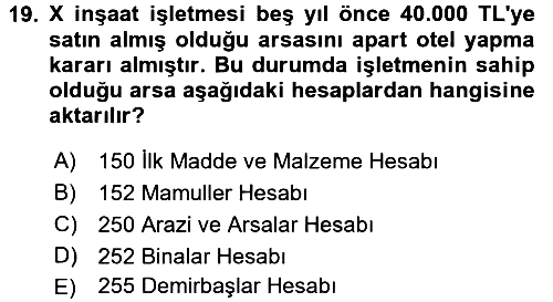 İnşaat ve Gayrimenkul Muhasebesi 2016-2017 Ara Sınav - 19. soru
