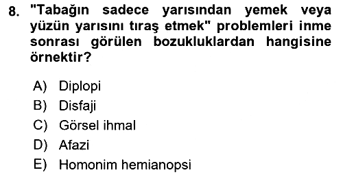 Yaşlılıkta Nörolojik Temelli Durumların Bakım ve Rehabilitasyonu 2018-2019 Yaz Okulu Sınavı - 8. soru