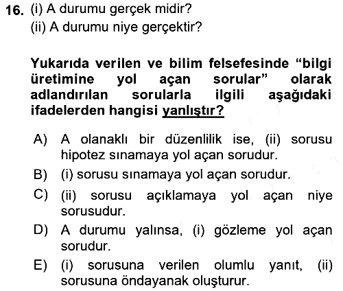 Bilim Felsefesi 2015-2016 Ara Sınav - 16. soru