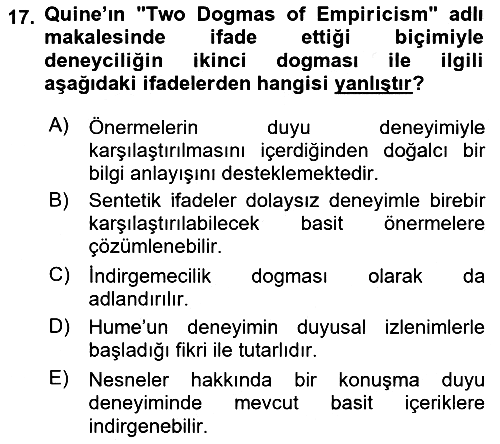 Çağdaş Felsefe 1 2017-2018 Dönem Sonu Sınavı - 17. soru