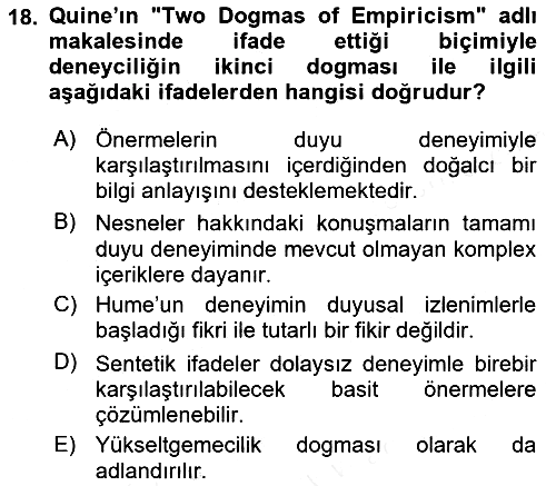 Çağdaş Felsefe 1 2018-2019 Dönem Sonu Sınavı - 18. soru