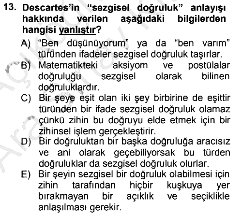 Modern Felsefe 1 2012-2013 Ara Sınav - 13. soru