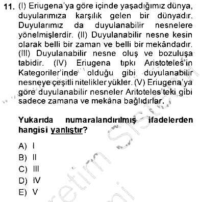 Ortaçağ Felsefesi 1 2014-2015 Ara Sınav - 11. soru