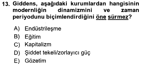 Sosyolojide Yakın Dönem Gelişmeler 2017-2018 Ara Sınav - 13. soru