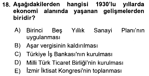 Türk Siyasal Hayatı 2018-2019 3 Ders Sınavı - 18. soru