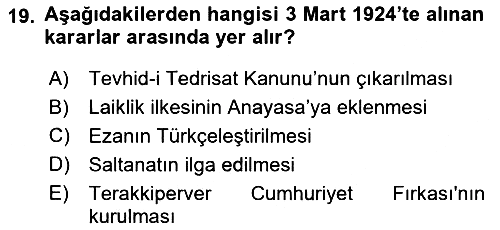 Türk Siyasal Hayatı 2018-2019 Dönem Sonu Sınavı - 19. soru
