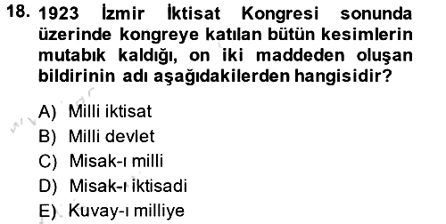 Türk Siyasal Hayatı 2014-2015 Tek Ders Sınavı - 18. soru