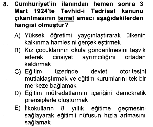 Türkiye´nin Toplumsal Yapısı 2012-2013 Dönem Sonu Sınavı - 8. soru
