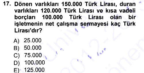 Finansal Yönetim 1 2012-2013 Dönem Sonu Sınavı - 17. soru