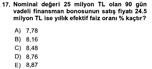 Finansal Yönetim 1 2023-2024 Dönem Sonu Sınavı - 17. soru