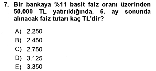 Finansal Yönetim 1 2018-2019 Yaz Okulu Sınavı - 7. soru