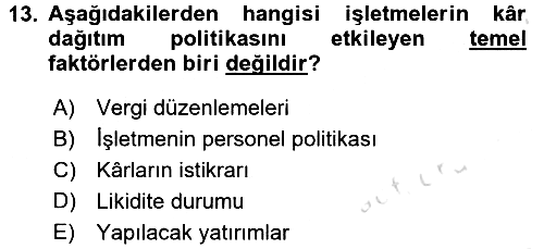 Finansal Yönetim 2 2015-2016 Dönem Sonu Sınavı - 13. soru