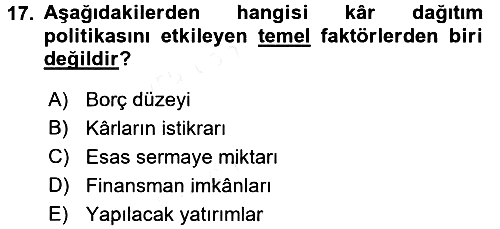 Finansal Yönetim 2 2015-2016 Tek Ders Sınavı - 17. soru