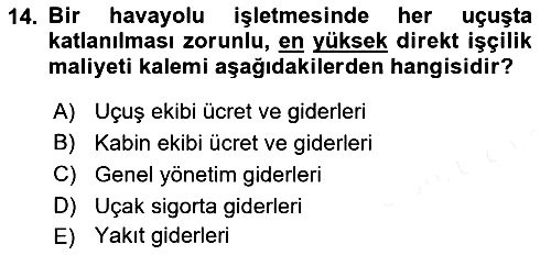 Havacılık İşletmelerinde Muhasebe Uygulamaları 2018-2019 Ara Sınav - 14. soru