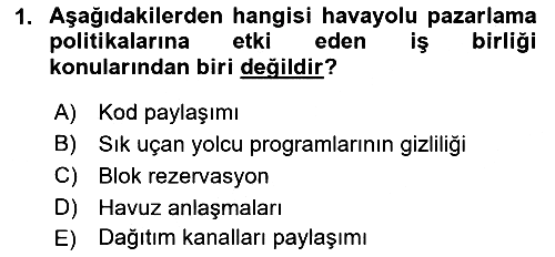 Havayolu Pazarlaması 2018-2019 Ara Sınav - 1. soru