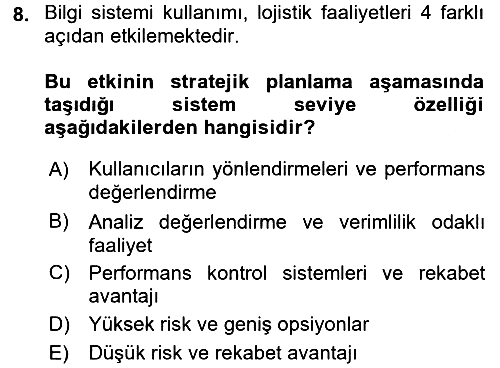 Lojistik Yönetimi 2015-2016 Dönem Sonu Sınavı - 8. soru