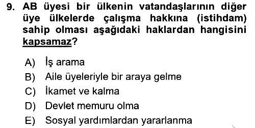 Avrupa Birliği ve Türkiye İlişkileri 2016-2017 Dönem Sonu Sınavı - 9. soru