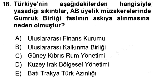 Avrupa Birliği ve Türkiye İlişkileri 2015-2016 Tek Ders Sınavı - 18. soru