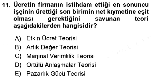 Çalışma Ekonomisi 2017-2018 Dönem Sonu Sınavı - 11. soru