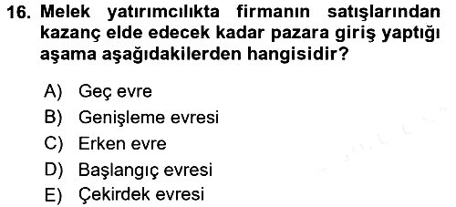 Girişim Finansmanı 2017-2018 3 Ders Sınavı - 16. soru