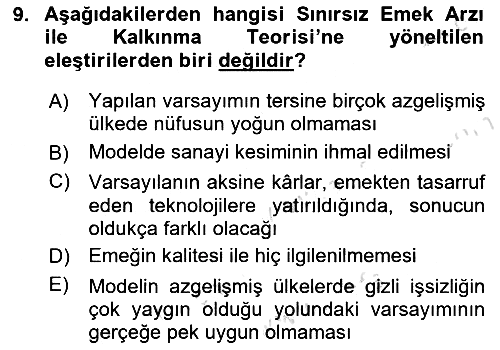 İktisadi Kalkınma 2019-2020 Ara Sınav - 9. soru