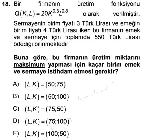 Matematiksel İktisat 2013-2014 Tek Ders Sınavı - 18. soru