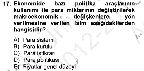 Para Politikası 2012-2013 Ara Sınav - 17. soru